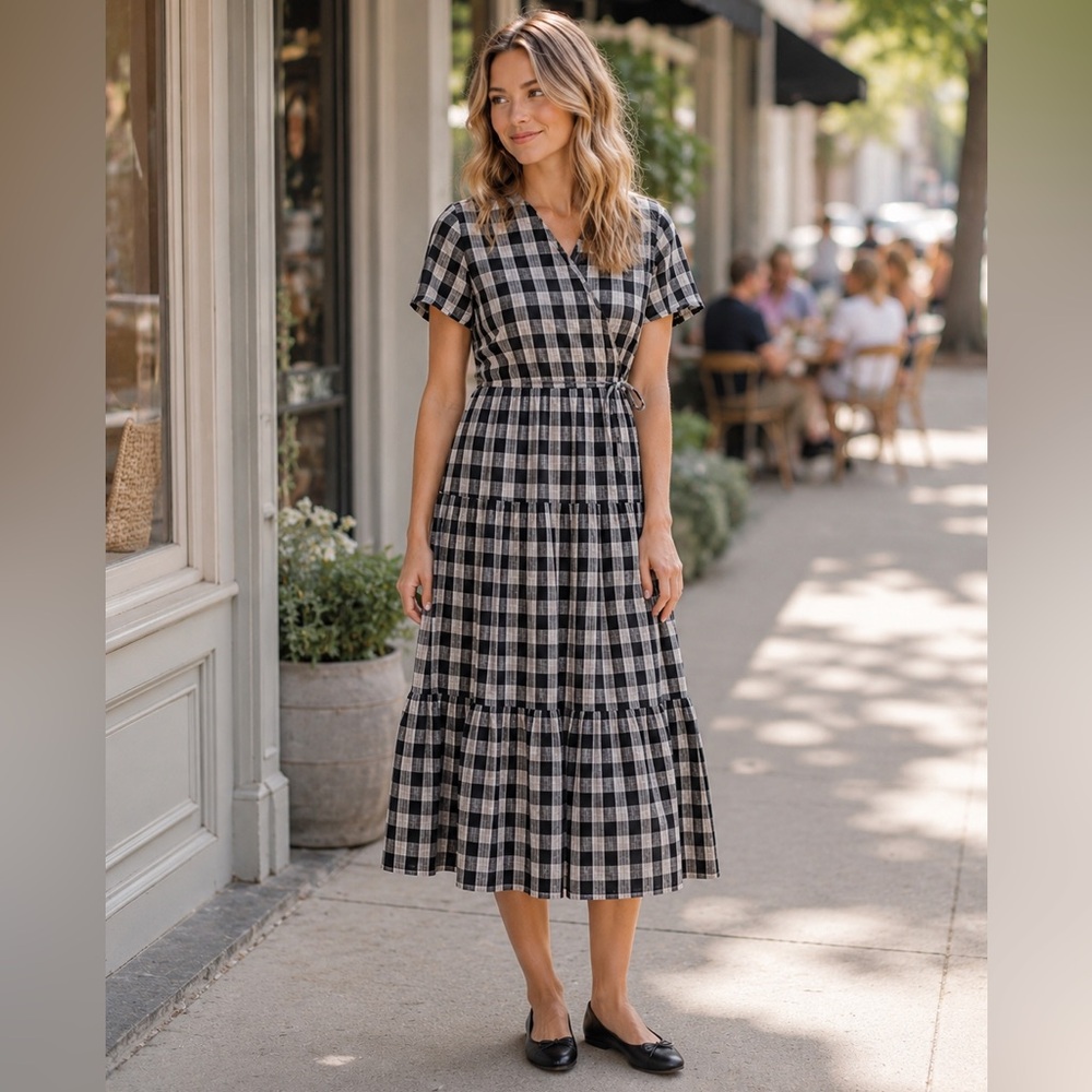 croft & barrow Black and White Gingham Tiered Midi Dress
